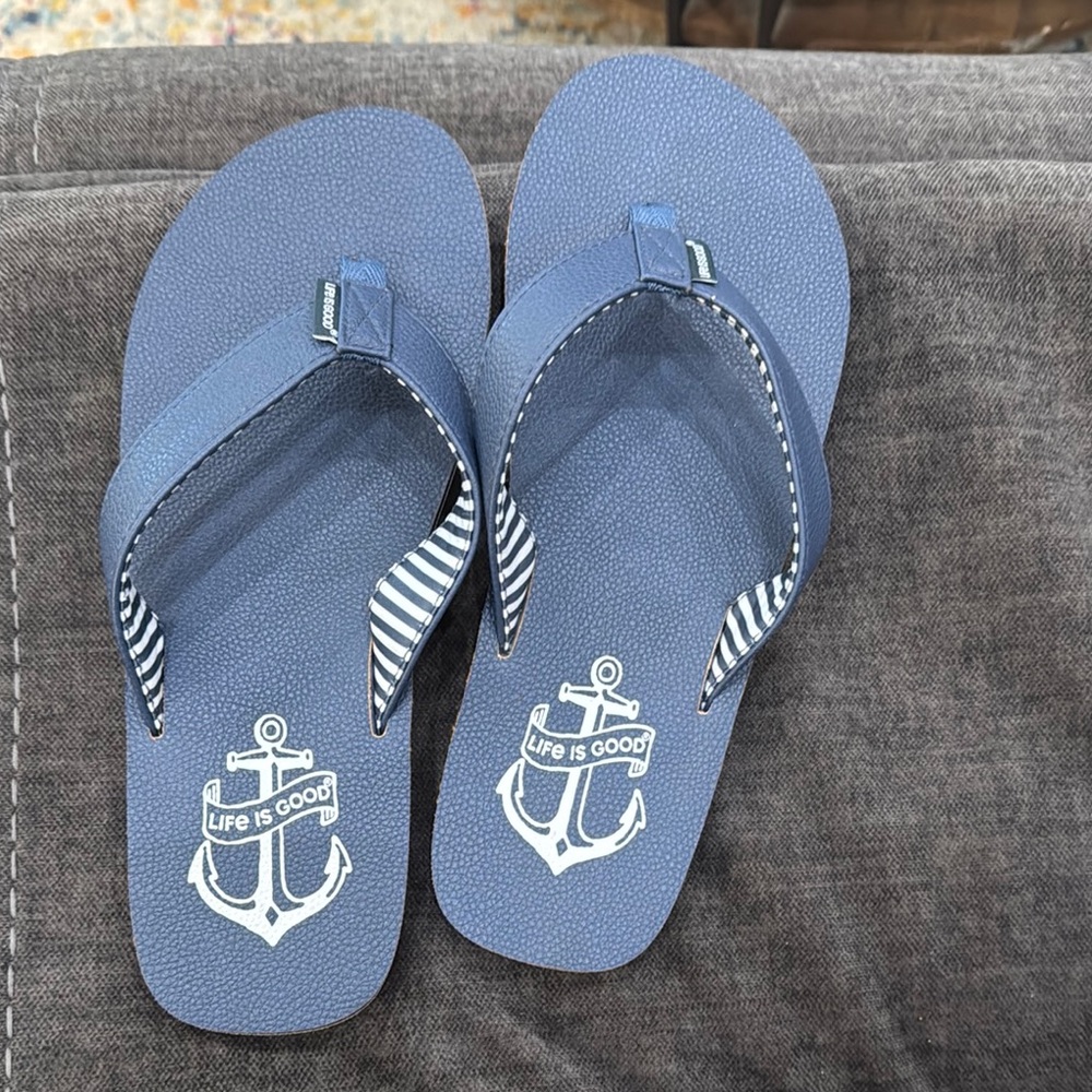 Life Is Good Navy Flip Flops with Anchor Design